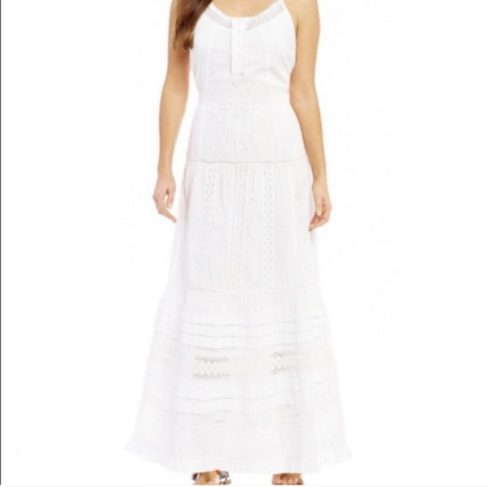 Chelsea & Violet Embroidered white cotton and lace sleeveless tiered maxi dress